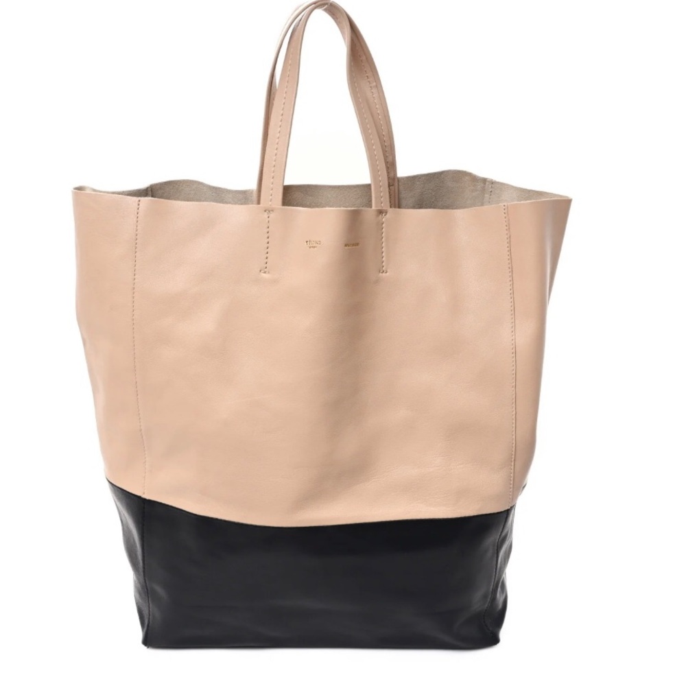 Two-Tone Beige and Black Leather Tote Bag by Celine